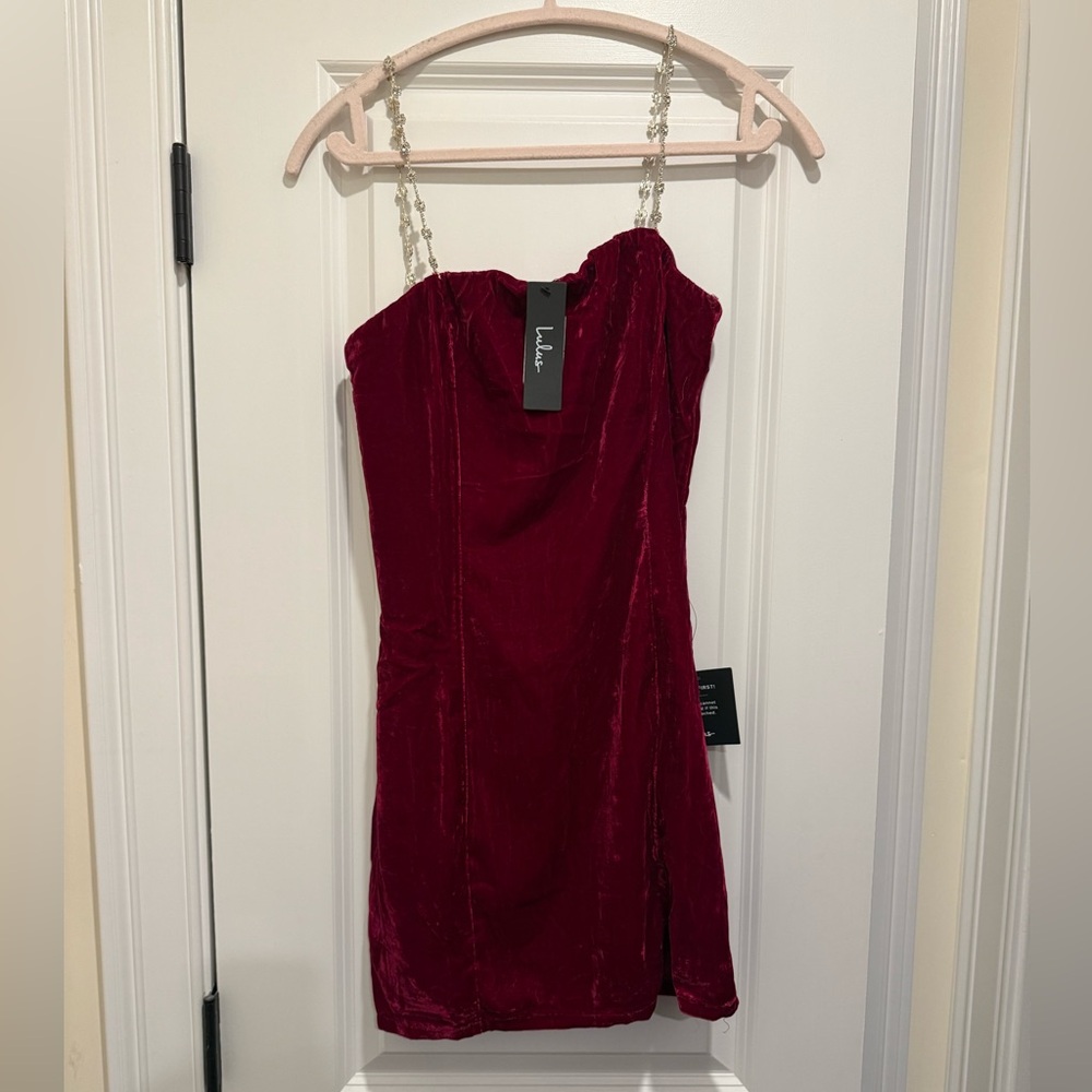 Lulu's Dark Fuschia Velvet Mini Dress with Bling Spaghetti strap - S